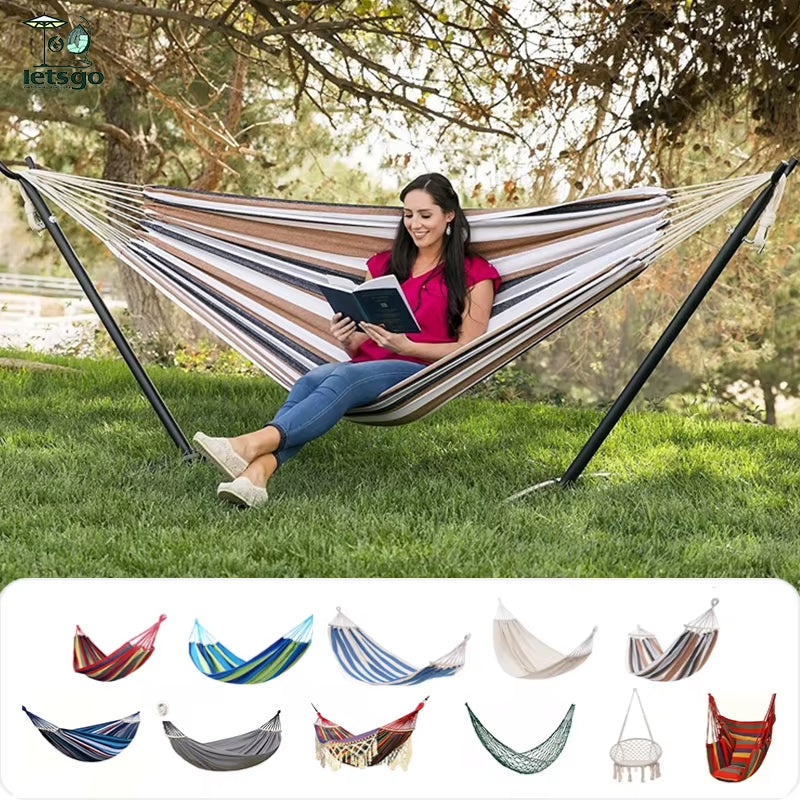 Outdoor Hammock with Stand Portable Canvas Swing Bed Indoor anti Tip Frame